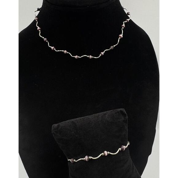 Jewelry - Vintage 925 Sterling Silver Wavy Bar Bead Purple Cats Eye Necklace Bracelet Set